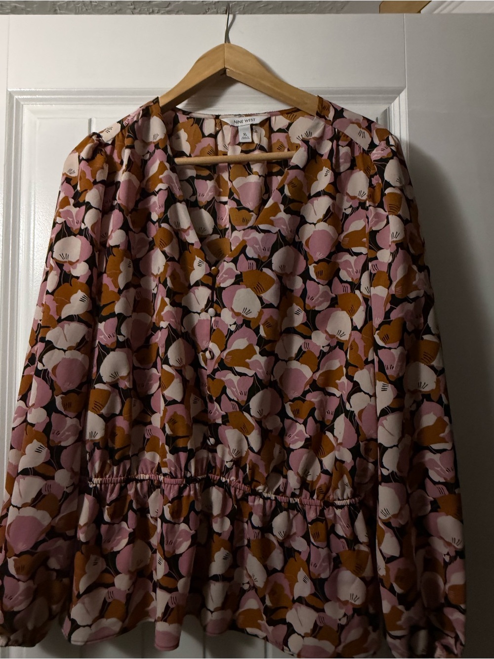 Nine West Pink, White & Brown Floral Peplum Blouse
